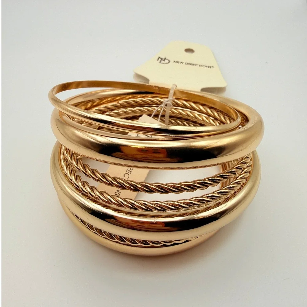 New Directions Gold Tone Bangle Bracelet Set Mixed Textured Twisted 7 Piece NEW